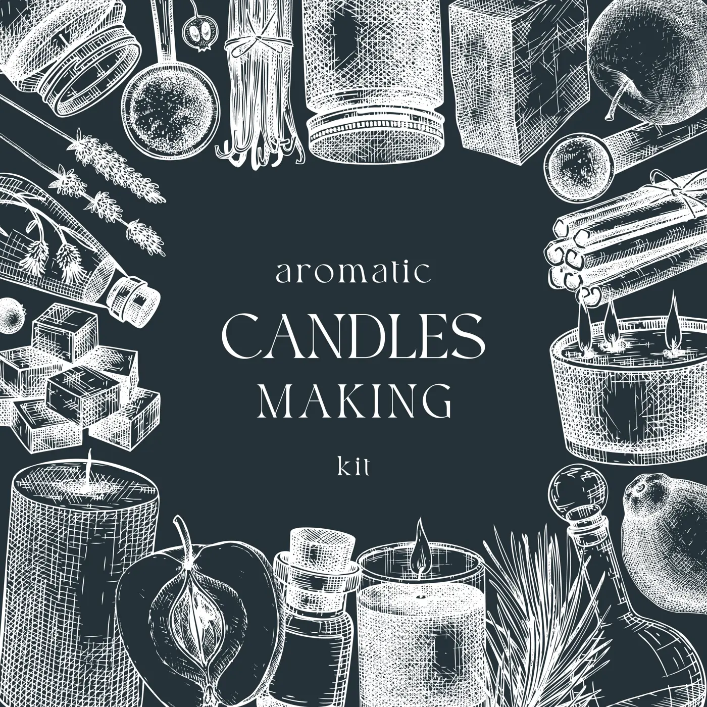 Hand sketched candle-making card design on ckalkboard. Vintage candles, herbs, wax, fruits, spices, skewers hand drawings frame. Perfect template for aromatherapy, hobby, handcrafts, candle making Illustration